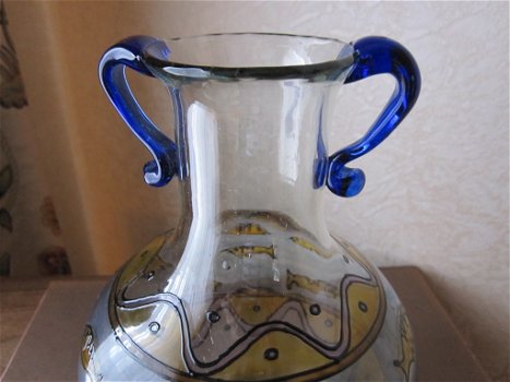 Antieke glas amphora vaas mondgeblazen en geemailleerd - 2