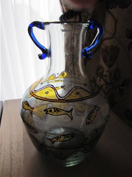 Antieke glas amphora vaas mondgeblazen en geemailleerd - 3