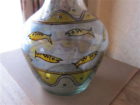 Antieke glas amphora vaas mondgeblazen en geemailleerd - 4