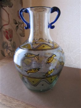 Antieke glas amphora vaas mondgeblazen en geemailleerd - 5