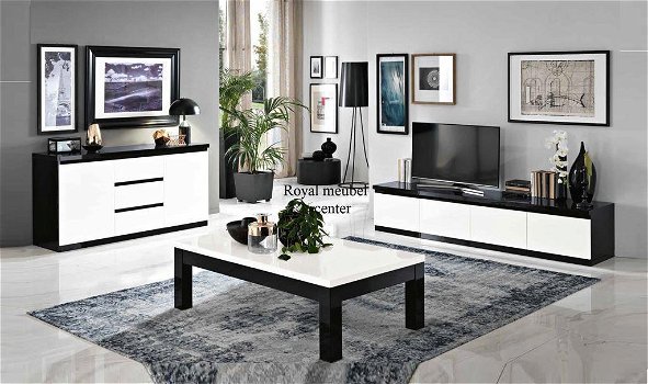 Complete eetkamer meubelen Hoogglans zwart wit marmerSALE! - 0