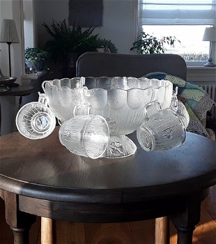 Vintage punch bowl / punchbowl masserini primavera op voet met glazen en haakjes - 1