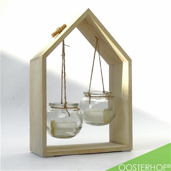 Houten Raam Decoratie met Hangende Glazen Potjes Huisje – 19 x 28 x 8 cm - 0
