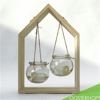 Houten Raam Decoratie met Hangende Glazen Potjes Huisje – 19 x 28 x 8 cm - 1