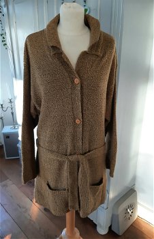 Lange vest / damesvest met ceintuur - mosterdgeel / zwart gemêleerd - 3