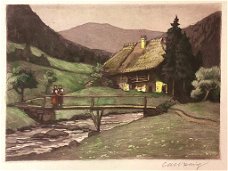 Carl Rang (1886-1965) Kleurenaquatint-ets 'Beek in de bergen' ~1930