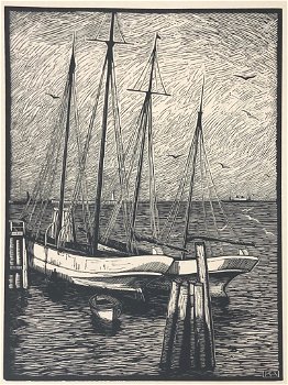 Karl Hennemann (1884-1972) Houtsnede 'Zeilschepen met stoomboot' ~1925 - 0