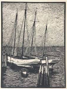 Karl Hennemann (1884-1972) Houtsnede 'Zeilschepen met stoomboot' ~1925