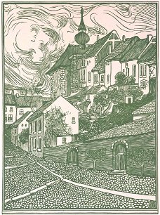 J. Veldheer (1866-1954) Houtsnede in olijfgroen 'Duits Stadje' ~1895