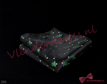 Kerst vlinderdas zwart, zelfstrikker en pochet met Kerstbomen - 253 - 1