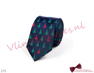 Kerst stropdas, blauw met rode en groene Kerstbomen - 275 - 0