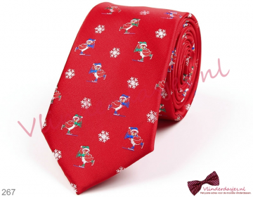 Kerst stropdas, rood met pinguins en sneeuwvlokken - 267 - 0