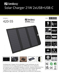 Solar Charger 21W 2x USB + USB-C geschikt voor alle merken - 6