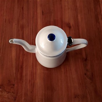 Emaille koffiepot wit met blauwe rand - 3