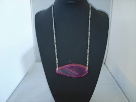 zilverkleurige ketting met agaat geode schijf roze, - 0