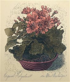 Albert Aichinger (1866- XX) Houtsnede 'Geranium in platte vaas' ~1930 Gesigneerd