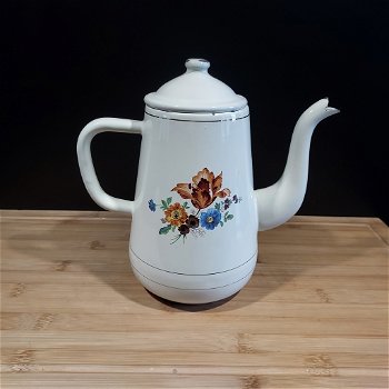 Emaille koffiepot theepot wit met bloemen - 1