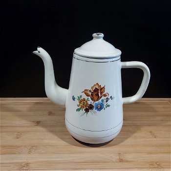 Emaille koffiepot theepot wit met bloemen - 2