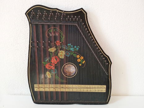 Mooi beschilderde antieke tafelharp citer zither - 0