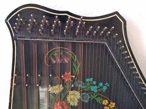 Mooi beschilderde antieke tafelharp citer zither - 1