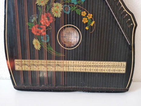 Mooi beschilderde antieke tafelharp citer zither - 2