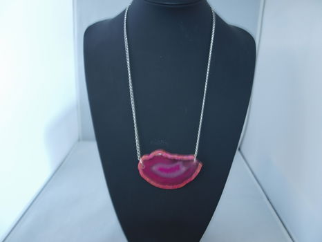 zilverkleurige ketting met geode schijf roze, - 0