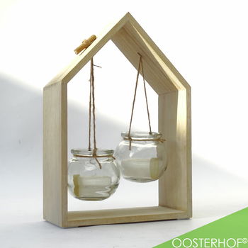 Houten Raam Decoratie met Hangende Glazen Potjes Huisje - 19 x 28 x 8 cm - 0