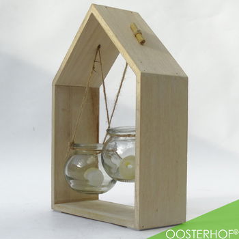 Houten Raam Decoratie met Hangende Glazen Potjes Huisje - 19 x 28 x 8 cm - 2