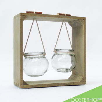 Houten Raam Decoratie met Hangende Glazen Potjes Vierkant - 20 x 20 x 8 cm - 0