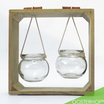 Houten Raam Decoratie met Hangende Glazen Potjes Vierkant - 20 x 20 x 8 cm - 1