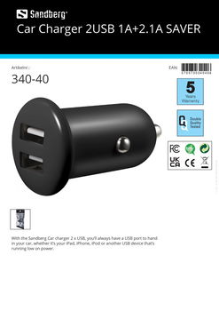 Car Charger 2USB 1A+2.1A SAVER auto oplader iPad iPhone Ipod - 1