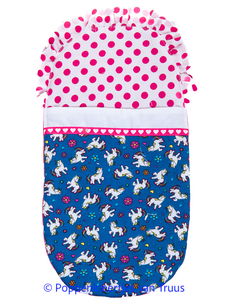 Bed slaapzak unicorns blauw/fuchsia voor 30-32 pop