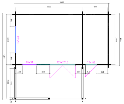 Tuinhuis-Blokhut 4x3+2z: 495 x 340 x 265 (h) cm - 4