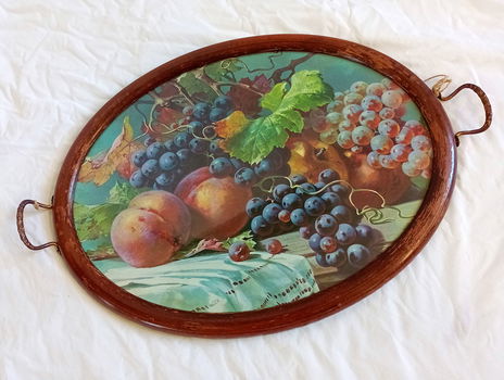 Kleurrijk vintage dienblad met schildering van fruit - 0