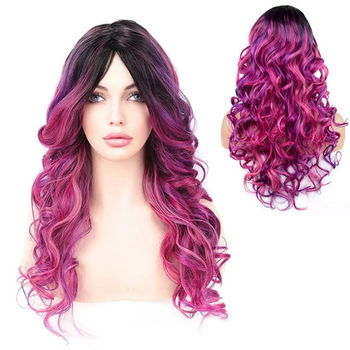 ★ PruikenPlaza ★ pruik lang krullend haar in paars magenta mix zonder pony - 0