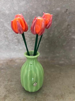 Handgemaakte tulpen/bloemen van glas met vaasje nieuw. - 3