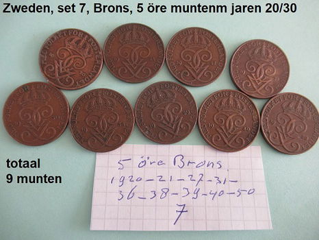 oude Zweedse munten, set nr. 7 set brons 5 öre munten 1920/1930 - 0