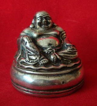 Lachende Boeddha, silverplated bronzen beeldje - 0