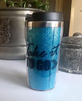 Dubbelwandig travel mug - to go beker - glitter - met tekst - blauw - 0