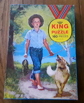 Vintage legpuzzel: jongen met vishengel en hond - King - 160 stukjes - 0