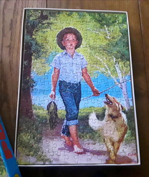 Vintage legpuzzel: jongen met vishengel en hond - King - 160 stukjes - 2