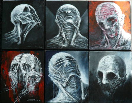 6 olieverf schilderijen , occult , skull , schedel , dark art - 0