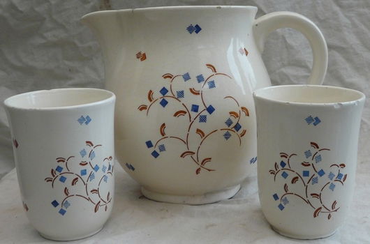 Setje Servies, Vintage, Melk / Waterkan & 2 Bekers, Porselein, Steingut Colditz, DDR, jaren'50. - 1