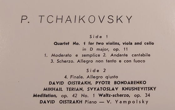 LP - Tchaikovsky - Quartet No.1 in D major - Waltz Scherzo, Oistrakh, Bondarenko - 1