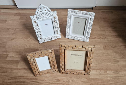 2x Houten Blokjes-frame fotolijsten/ 2x witte Barok fotolijsten - 0