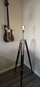 Vintage hout & messing 3 poot staande lamp - 3