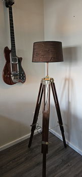 Vintage hout & messing 3 poot staande lamp - 5