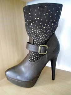 Donkerbruine plateaulaars met stilettohak , leer/suede met strass mt. 38