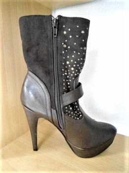 Donkerbruine plateaulaars met stilettohak , leer/suede met strass mt. 38 - 1