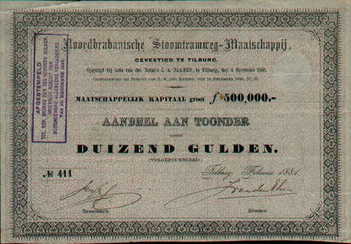 Aandeel Noordbrabantsche stoomtram - 1881 - overdruk - 0